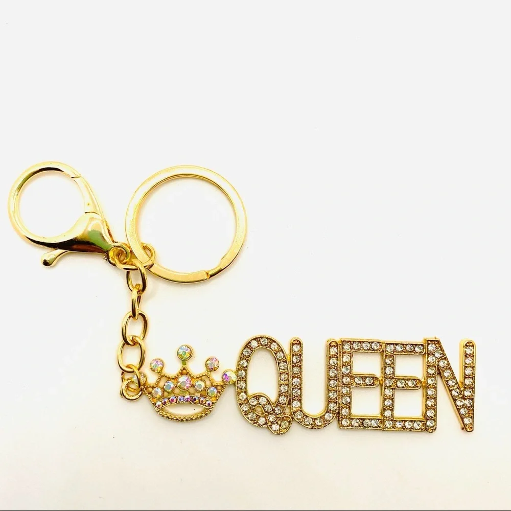 Purse Charm Key Chain Queen Iridescent Crystals set in golden tone. BRAND NEW